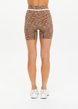 THE UPSIDE women's multi-coloured spacedye Seamless 5-Inch Spin Short offers a supportive, comfortable fit with ribbed waistband and arrow logo. Made for yoga and Pilates.