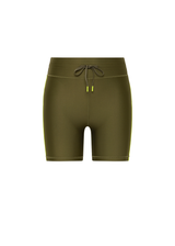 THE UPSIDE women's olive eco tech Oxford 5 Inch Spin Short is designed for a supportive and comfortable fit and features lime contrast binds and elastic drawcord. Made for high impact.