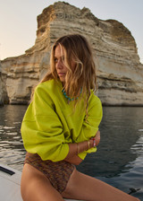 THE UPSIDE women's green organic cotton Paloma Crew is designed for a boxy fit and features a drop shoulder with ribbed neckline, cuffs, and hem. Made for lifestyle.