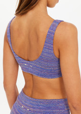 THE UPSIDE women's blue jacquard Neptune Scoop Neck Jasmine Bra offers medium coverage with a low scoop neckline with removable cups. Designed for swim.