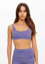 THE UPSIDE women's blue jacquard Neptune Scoop Neck Jasmine Bra offers medium coverage with a low scoop neckline with removable cups. Designed for swim.