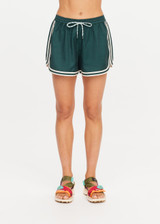THE UPSIDE women's green Klio Short is designed for a mid-rise, relaxed fit and features a soft elasticated waistband with drawcord and contrast binds in cream along curved hem. Made for everyday.