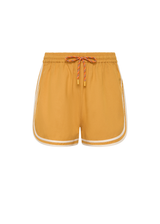 THE UPSIDE women's yellow Klio Short is designed for a mid-rise, relaxed fit and features a soft elasticated waistband with drawcord and contrast binds in cream along curved hem. Made for everyday.