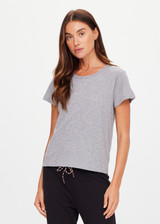 THE UPSIDE women's grey organic cotton Avalon Crew Neck Baby Tee is a everyday staple made from soft organic cotton jersey and finished with an embroidered arrow logo at back. The perfect everyday tee, made to last.
