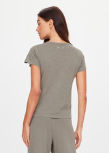 THE UPSIDE women's khaki organic cotton Avalon Crew Neck Baby Tee is a everyday staple made from soft organic cotton jersey and finished with an embroidered arrow logo at back. The perfect everyday tee, made to last.