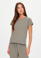 THE UPSIDE women's khaki organic cotton Avalon Crew Neck Baby Tee is a everyday staple made from soft organic cotton jersey and finished with an embroidered arrow logo at back. The perfect everyday tee, made to last.