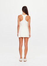 THE UPSIDE women's cream Lyon Pia Racerback Dress is a fitted stretch lace tennis dress with a high neck, A-line skirt and internal bodysuit with inner shorts and pockets. Made for tennis, golf & pickleball.