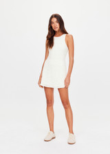 THE UPSIDE women's cream Lyon Pia Racerback Dress is a fitted stretch lace tennis dress with a high neck, A-line skirt and internal bodysuit with inner shorts and pockets. Made for tennis, golf & pickleball.