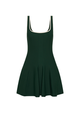 THE UPSIDE women's green recycled soft peached Racquet Maxine Mini Dress features a square neckline with contrast cream binds, an internal shelf bra and built-in shorts with pockets. Made for tennis, golf & pickleball.