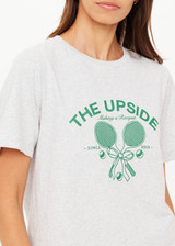 THE UPSIDE women's grey organic cotton jersey Racquet Casey Tee is a regular fit with a green printed racquet logo on front chest. Made for tennis, golf & pickleball.