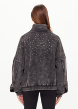 THE UPSIDE women's washed black Cosmic Carmen Moto Jacket is designed for a relaxed fit and features silver meta snap buttons, welt pockets and a soft elasticated hem. Perfect everyday outerwear piece.