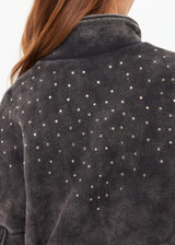 THE UPSIDE women's washed black Cosmic Carmen Moto Jacket is designed for a relaxed fit and features silver meta snap buttons, welt pockets and a soft elasticated hem. Perfect everyday outerwear piece.