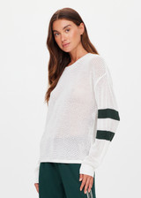 THE UPSIDE women's cream organic cotton Fenway Sebastian Crew offers a relaxed fit and features The Upside logo knit detail on back in green. Made for lifestyle.