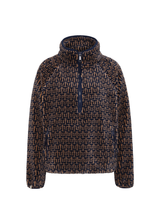 THE UPSIDE women's navy & camel Castilla Harlow Pullover is a relaxed pull over style fleece with raglan sleeves in our castilla "TU" design and features zip pockets, crafted from a recycled sherpa fabrication. Perfect for cooler weather.