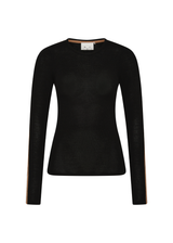 THE UPSIDE women's black Merino Wool Long Sleeve Top is designed for a slim fit and features a crew neck with mocha stripe down sleeve. Made for lifestyle.