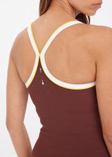 THE UPSIDE women's brown recycled rib Rhythm Caleb Tank Top features a shelf bra with removable cups and cream and yellow binds along neckline. Made for yoga & pilates.