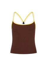 THE UPSIDE women's brown recycled rib Rhythm Caleb Tank Top features a shelf bra with removable cups and cream and yellow binds along neckline. Made for yoga & pilates.