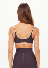 THE UPSIDE women's grey recycled soft peached Kefi Brielle Scoop Sports Bra has a low back design with removable cups and mocha binds along neckline. Made for yoga & pilates.