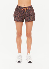 THE UPSIDE women's leopard recycled Ludlow Billie Run Short offers a mid-rise fit, designed with side seam pockets and an orange drawcord with rubber dipped ends. Made for running.