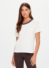 THE UPSIDE women's cream organic cotton Zahra Rib Tee features a rib fabrication and striped neckline in navy and tan. Made for lifestyle.THE UPSIDE women's cream organic cotton Zahra Rib Tee features a rib fabrication and striped neckline in navy and tan. Made for lifestyle.