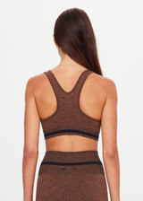 THE UPSIDE women's brown seamless Marle Seamless Jade Sports Bra offers full coverage with a scooped back, black stripe at underbust and removeable cups. Made for yoga & pilates.