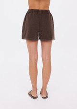 THE UPSIDE women's brown recycled Soho Dolci Short features a high-rise with a wide leg design, a drawstring waistband and front pockets in side seam. Made for lifestyle.