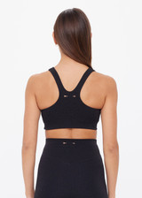 THE UPSIDE women's black recycled jacquard Castilla Jade Bra is a full coverage bra with scooped racerback and features removable cups. Made for yoga & pilates.