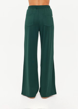 THE UPSIDE women's green Roma Pant is a highwaisted, true-to-size fit made in double-faced jersey and features contrast tape down side seams, side pockets and an elasticated waistband with drawcord.