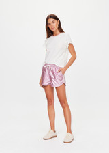 THE UPSIDE women's pink McGrath Billie Run Short is a mid-rise lightweight short in a metallic pink fabrication and features and side pockets and an elasticated waistband with drawcord. Made for lifestyle.