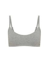 THE UPSIDE women's grey cotton Flash Scoop Neck Sports Bra offers low coverage with a scooped sweetheart neckline, soft support, and binded straps with adjusters. Made for yoga & pilates.