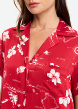 THE UPSIDE women's red  Dusty's Holiday Shirt is a short sleeve button-up in our holiday red and cream printed design and features a patch pocket on front chest. Made for lifestyle.