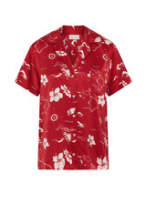 THE UPSIDE women's red  Dusty's Holiday Shirt is a short sleeve button-up in our holiday red and cream printed design and features a patch pocket on front chest. Made for lifestyle.