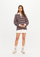 THE UPSIDE women’s stripe 100% cotton Wonder Knit Polo has a brown, pink, cream and grey stripe design with contrast collar and sleeve cuffs. Made for lifestyle.