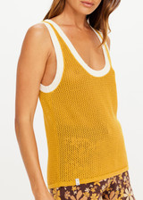 THE UPSIDE women's yellow organic cotton Fenway Wales Knit Tank features a relaxed fit, open knit construction and contrast ribbed trims. Made for lifestyle.