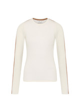 THE UPSIDE women's natural Merino Wool Long Sleeve Top is designed for a slim fit and features a crew neckline, contrast sleeve stripe and soft fine knit feel. Made for lifestyle.