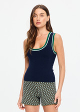 THE UPSIDE women's navy organic cotton Joey Knit Tank Top is a slim fit, featuring contrast stripe detailing and embroidered logo accents. Made for lifestyle.