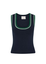 THE UPSIDE women's navy organic cotton Joey Knit Tank Top is a slim fit, featuring contrast stripe detailing and embroidered logo accents. Made for lifestyle.