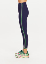 THE UPSIDE women's navy Rhythm 25inch Legging is a supportive and comfortable fit and features a mid rise waist, contrast side binding and streamlined rib fabrication. Made for yoga and pilates.
