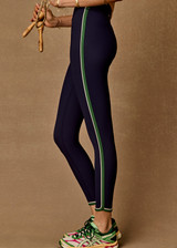 THE UPSIDE women's navy Rhythm 25inch Legging is a supportive and comfortable fit and features a mid rise waist, contrast side binding and streamlined rib fabrication. Made for yoga and pilates.
