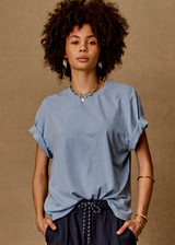 THE UPSIDE women's blue hemp cotton Jodhi Tee is designed for a regular fit and features a classic tee silhouette with a soft marl finish and embroidered logo detail. Made for lifestyle.