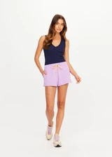 THE UPSIDE women's violet organic cotton Soul Demi Track Short is designed for a relaxed fit and features a straight leg silhouette, elasticated waistband and contrast drawcord detailing. Made for lifestyle.