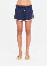 THE UPSIDE women's navy Lago Marlin Short crafted for a true-to-size low rise fit with side and back pockets, contrast binding and an adjustable drawcord waist. Made for lifestyle.
