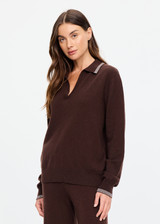 THE UPSIDE women's brown cashmere blend Coco Luna Cashmere Knit Top is designed for a relaxed fit and features a V neckline, collared silhouette and striped rib trims. Made for lifestyle.