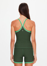 THE UPSIDE women's green Rhythm Caleb Tank Top features a scooped front neckline with t-bar back and removable cups in our recycled rib fabrication. Made for yoga and pilates.