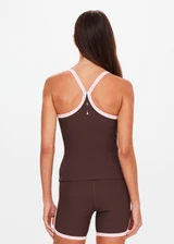 THE UPSIDE women's chocolate Rhythm Caleb Tank Top features a scooped front neckline with t-bar back and removable cups in our recycled rib fabrication. Made for yoga and pilates.