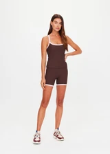 THE UPSIDE women's chocolate Rhythm Caleb Tank Top features a scooped front neckline with t-bar back and removable cups in our recycled rib fabrication. Made for yoga and pilates.