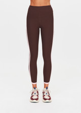 THE UPSIDE women's chocolate Rhythm 25inch Legging is mid-rise and features cream and pink binds along side seams in our recycled rib fabrication. Made for yoga and pilates.