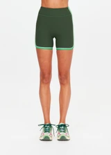 THE UPSIDE women's green Rhythm 5inch Spin Short is mid-rise and features cream and light green binds along side seams in our recycled rib fabrication. Made for yoga and pilates.