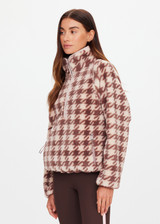 THE UPSIDE women's check recycled Palacio Harlow Fleece Pullover is relaxed fit with quarter-zip woven binds and zip pockets. Made for lifestyle.