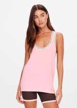 THE UPSIDE women’s pink cotton viscose Dolly Knit Tank Top is a relaxed-fit retro basketball style with contrast stripe rib at the neck and armholes. Made for lifestyle.